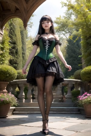 High heels. Detailed and intricate. Straight hair with bangs. Gothic mini dress with green corset. Garden. POV from below view. porcelain skin,DonMBl00mingF41ryXL 