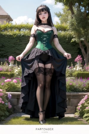 High heels. Detailed and intricate. Straight hair with bangs. Gothic mini dress with green corset lace. Garden. POV from below view. porcelain skin,DonMBl00mingF41ryXL; pantyhose