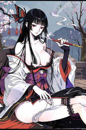 black hair, long hair, cleavage, blunt bangs,hime cut, butterfly, hair flower, kimono, red eyes, hair ornament,

---------------

(masterpiece),illustration,ray tracing,finely detailed,best detailed,Clear picture,intricate details,highlight,
photography,realistic, photorealistic,anime,

NSFW,nipple,outer lips,labia,clitoris,(black pubic hair:0.8),(trimmed pubic hair:0.8),(female pubic hair:0.8),
(Totally naked),(nude),(naked),
(cum dripping from vagina:1.2),

japanese architecture,
looking at viewer,

masturbation, fingering, female_masturbation, grabbing_own_breasts,
large female,mature woman,milf,woman,
bisyoujo,lady,
tsurime eyes,
oval face,

black stocking,black lingerie,black thong,
gigantic breasts,redundant breasts,big boobs,breasts cleavage,

no bra,no underwear,no panties,

---------------

nature,gothic architecture,bird,
by the lakeside in the heart of the forest,
the staircase of the balcony,

---------------

1girl, oriental style, 
mature female,
Holding a smoking pipe,witchery,

sitting on bed, on back, spread legs,
,mature female,ichihara_yuuko,masterpiece,Black,Omachi,line anime,best quality