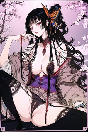 black hair, long hair, cleavage, blunt bangs,hime cut, butterfly, hair flower, kimono, red eyes, hair ornament,

---------------

(masterpiece),illustration,ray tracing,finely detailed,best detailed,Clear picture,intricate details,highlight,
photography,realistic, photorealistic,anime,

NSFW,nipple,outer lips,labia,clitoris,(black pubic hair:0.8),(trimmed pubic hair:0.8),(female pubic hair:0.8),
(Totally naked),(nude),(naked),
(cum dripping from vagina:1.2),

japanese architecture,
looking at viewer,

masturbation, fingering, female_masturbation, grabbing_own_breasts,
large female,mature woman,milf,woman,
bisyoujo,lady,
tsurime eyes,
oval face,

black stocking,black lingerie,black thong,
gigantic breasts,redundant breasts,big boobs,breasts cleavage,

no bra,no underwear,no panties,

---------------

nature,gothic architecture,bird,
by the lakeside in the heart of the forest,
the staircase of the balcony,

---------------

1girl, oriental style, 
mature female,
Holding a smoking pipe,witchery,

sitting on bed, on back, spread legs,
,mature female,ichihara_yuuko,masterpiece,Black,Omachi,line anime,best quality