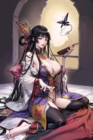black hair, long hair, cleavage, blunt bangs,hime cut, butterfly, hair flower, kimono, red eyes, hair ornament,

---------------

(masterpiece),illustration,ray tracing,finely detailed,best detailed,Clear picture,intricate details,highlight,
photography,realistic, photorealistic,anime,

NSFW,nipple,outer lips,labia,clitoris,(black pubic hair:0.8),(trimmed pubic hair:0.8),(female pubic hair:0.8),
(Totally naked),(nude),(naked),
(cum dripping from vagina:1.2),

japanese architecture,
looking at viewer,

masturbation, fingering, female_masturbation, grabbing_own_breasts,
large female,mature woman,milf,woman,
bisyoujo,lady,
tsurime eyes,
oval face,

gigantic breasts,redundant breasts,big boobs,breasts cleavage,

---------------

nature,gothic architecture,bird,
by the lakeside in the heart of the forest,
the staircase of the balcony,

---------------

1girl, oriental style, 
mature female,
Holding a smoking pipe,witchery,

sitting on bed, on back, spread legs,
,mature female,ichihara_yuuko,masterpiece,Black,Omachi,line anime,best quality