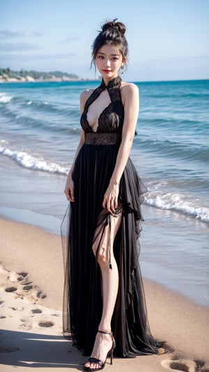 A beautiful Chinese girl looking forward is wearing a dress with black color. The girl is standing on the beach., which enhances her beauty, she looks stunningly beautiful