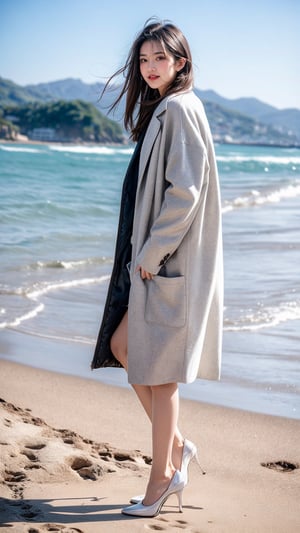 A beautiful Chinese girl looking forward is wearing a coat with white color. The girl is standing on the beach., which enhances her beauty, she looks stunningly beautiful, Full Body
