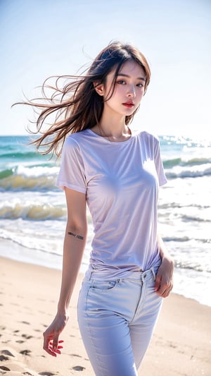 A beautiful Chinese girl looking forward is wearing a T-shirt with white color. The girl is standing on the beach., which enhances her beauty, she looks stunningly beautiful