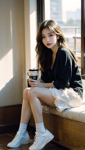(((masterpiece))), top quality, (beautiful and delicate girl), beautiful and delicate light, (beautiful and delicate eyes), mysterious smile, (brown eyes), (dark black long hair), medium breasts, female 1 , frontal shot , Korean, soft expression, tall, dress, sneakers, cafe with a clear view of the outside through glass, lovers sitting by the window drinking coffee, cozy lighting,