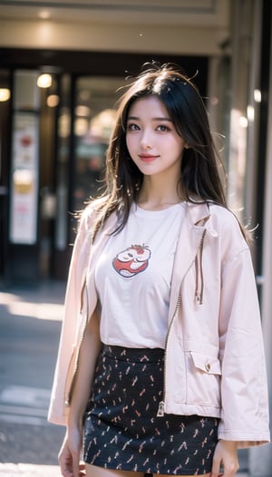 (((masterpiece))), top quality, (beautiful and delicate girl), beautiful and delicate light, (beautiful and delicate eyes), big smile, (brown eyes), (dark black long hair), medium breasts, female 1 , ( (front shot) , Korean, soft expression, tall, jacket, patterned t-shirt, skirt, shoes,