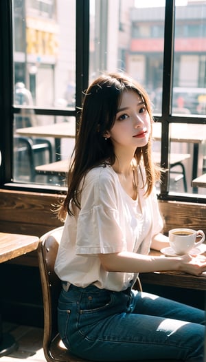 (((masterpiece))), top quality, (beautiful and delicate girl), beautiful and delicate light, (beautiful and delicate eyes), mysterious smile, (brown eyes), (dark black long hair), medium chest, female 1 , (front shot) , Korean, soft expression, tall, jacket, patterned t-shirt, jeans, sneakers, (cafe with a clear view of the outside through full glass), (man and woman sitting by the window drinking coffee), cozy lighting, The overall structure of the cafe is visible, and the lovers' figures can be seen in the distance.