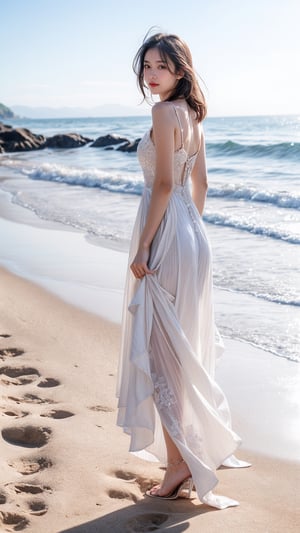 A beautiful Chinese girl looking forward is wearing a dress with white color. The girl is standing on the beach., which enhances her beauty, she looks stunningly beautiful