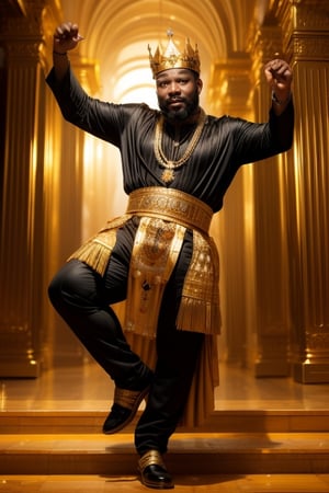 an obese fat greedy dark skin bearded African king dances on a mountain of gold and jewelry in the royal coffered he is extremely happy and disgusting