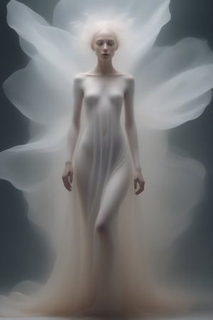 Create a spectral woman with a (translucent appearance:1.3), Her form is barely tangible, with a soft glow emanating from her gentle contours, The surroundings subtly distort through her ethereal presence, casting a dreamlike ambiance,xxmixgirl,NYFlowerGirl