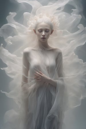 Create a spectral woman with a (translucent appearance:1.3), blind eyes,Her form is barely tangible, with a soft glow emanating from her gentle contours, The surroundings subtly distort through her ethereal presence, casting a dreamlike ambiance,xxmixgirl,NYFlowerGirl