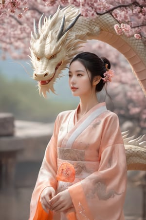 1 girl, Eastern Dragon, blossoms, peach drop, masterpiece, best quality, high detailed, effects, magic, nature background, glowing, skill game, ultra realistic, raw photo