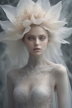 Create a spectral woman with a (translucent appearance:1.3), The eyes only have whites,Her form is barely tangible, with a soft glow emanating from her gentle contours, The surroundings subtly distort through her ethereal presence, casting a dreamlike ambiance,xxmixgirl,NYFlowerGirl