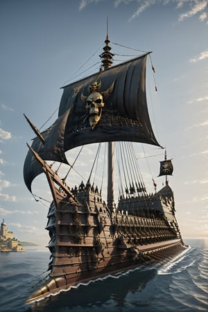 a pirate ship in the ocean with a castle in the background, character design : : gothic, dark drapery, cover art of graphic novel, iron maiden album cover, art render, ((skull)), ship in a bottle, ( ( ( horror art ) ) ), magical and alchemical weapons, author unknown, pirate flag in his arms