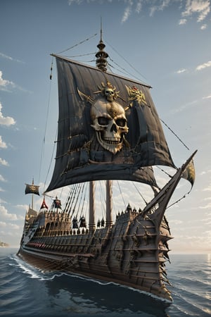 a pirate ship in the ocean with a castle in the background, character design : : gothic, dark drapery, cover art of graphic novel, iron maiden album cover, art render, ((skull)), ship in a bottle, ( ( ( horror art ) ) ), magical and alchemical weapons, author unknown, pirate flag in his arms