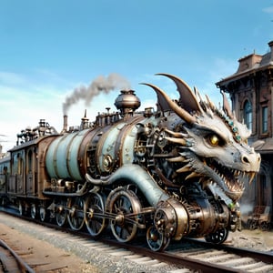 night time,realistic photo of white dragon train,a steampunk style,(masterpiece),(best quality),wheels, white dragon train on railroads ,steam ,moon night,perfect lighting, post-apocalyptic world,steampunk station background,buildings background,wide angle:1.5,dragon train,ste4mpunk