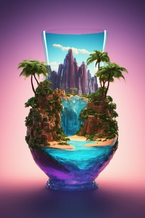 neonpunk style (Professional 3D rendering:1.3) of (Sketch:1.3)  a glass vase with a tropical island in it, surreal 3 d render, surreal water art, 3d render digital art, water art manipulation, full of glass. cgsociety, very detailed paradise, 4k highly detailed digital art, 3 d artistic render, oasis in the desert, surreal concept art, 3 d render beeple, rendered illustration,CGSociety,ArtStation . cyberpunk, vaporwave, neon, vibes, vibrant, stunningly beautiful, crisp, detailed, sleek, ultramodern, magenta highlights, dark purple shadows, high contrast, cinematic, ultra detailed, intricate, professional,LegendDarkFantasy