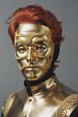 a man wearing a gold mask with red hair , Jodorowsky style