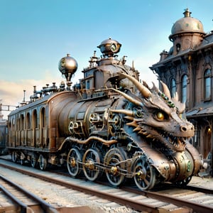 night time,realistic photo of dragon train,a steampunk style,(masterpiece),(best quality),wheels, dragon train on railroads ,steam ,moon night,perfect lighting, post-apocalyptic world,steampunk station background,buildings background,wide angle:1.5,dragon train,ste4mpunk