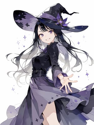 //quality
masterpiece, best quality, aesthetic, 
//Character
1girl, (beautiful purple eyes:1.0), big eyes, deailed eyes, long black hair, 
(smirk:1.2), (medium breasts:1.1), 
//Fashion 
Witch, big witch hat, robe, long skirt, 
//Background 
(watercolor:0.5), dynamic pose, dynamic angle, Magical Effects, 