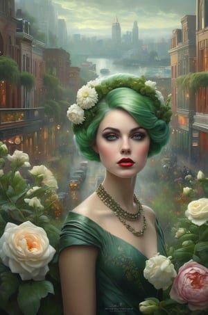 art by by Tom Bagshaw, an award-winning 16K digital painting, A perfectly detailed and intricate full-length image of a flower girl, green hair and in a beautiful setting against the backdrop of a powerful city, the plants and white flowers she sells masterfully convey the breathtaking chaos and drama of the scene. The perfectly beautiful and cinematic composition makes this work a real masterpiece, fashionable on artstation perfect ultra highly detailed, detailed perfect digital painting, highly detailed, intricated intricated pose, clarity, high quality