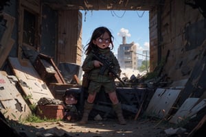 on the outside
assault rifle, holding a rifle, soldier clothing,
Iran, Afghanistan
fire, war crimes, apocalypse, war crimes, terrorism, terrorist, destroyed car

  assault rifle, firearm
Debris, destruction, ruined city, death and destruction.
​
2 girls
Angry, angry look, 
child, child focusloli focus, a girl dressed as a soldier, surrounded by war destruction, cloudy day, high quality, high detail, immersive atmosphere, fantai12,DonMG414, horror,full body,full_gear_soldier,full gear,soldier,r1ge