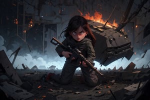 on the outside
assault rifle, holding a rifle, soldier clothing,
Iran, Afghanistan
fire, war crimes, apocalypse, war crimes, terrorism, terrorist, destroyed car

  assault rifle, firearm
Debris, destruction, ruined city, death and destruction.
​
2 girls
Angry, angry look, 
child, child focusloli focus, a girl dressed as a soldier, surrounded by war destruction, cloudy day, high quality, high detail, immersive atmosphere, fantai12,DonMG414, horror,full body,full_gear_soldier,full gear,soldier,r1ge