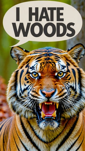 Photo of angry tiger with text bubble that says "I hate woods",