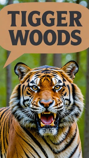 Photo of angry tiger in woods with text bubble that says "tiger woods",