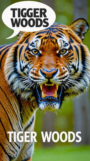 Photo of angry tiger in woods with text bubble that says "tiger woods",