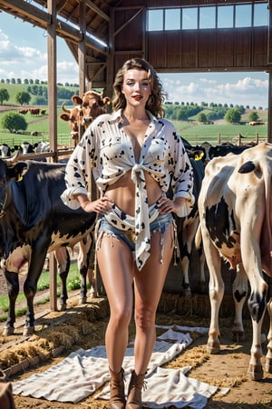 photo of attractive mylf woman beside a cow, (((open Shirt))), on the farm at barn with cows around, full body shot, 100mm portrait, professionnal photographer, natural light,Extremely Realistic,Roman