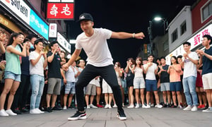 A man b-boying on the streets of Hongdae and countless people watching.
A man doing various salsa steps during b-boying

normal, common sense, ultra realistic, ultra detailed, Ultra-clear, close-up, Perfectly photo-like, 8K, UHD, photo r3al,