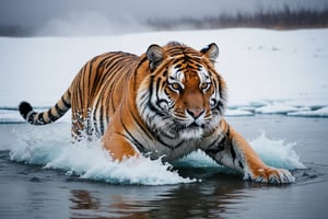 A surreal photo of a very realistic tiger. A tiger is rolling around in the warm water of a very steamy hot spring in the snowy tundra. A thick fog rises so thick that you can't see what's ahead.

Beautiful scenes, surreal, colorful, very fast-paced, sense of urgency, horror,
Ultra-clear, Ultra-detailed, ultra-realistic, Distant view. full body shot