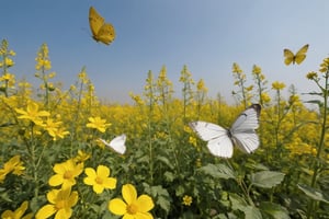 Many white and yellow butterflies flying into the rape flowers.

Ultra-clear, Ultra-detailed, ultra-realistic, ultra-close up, Prevent facial distortion,