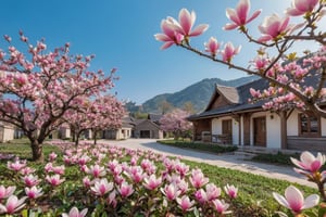 The magnolia flowers in front of the village are in full bloom.

Ultra-clear, Ultra-detailed, ultra-realistic, ultra-close up, Prevent facial distortion,