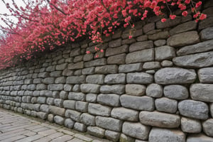 The red plum blossoms planted along the stone wall were also in full bloom.

Ultra-clear, Ultra-detailed, ultra-realistic, ultra-close up, Prevent facial distortion,