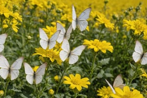 Many white and yellow butterflies flying into the rape flowers.

Ultra-clear, Ultra-detailed, ultra-realistic, ultra-close up, Prevent facial distortion,