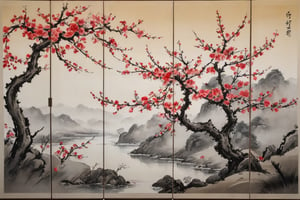 A 12-panel ink-and-wash painting folding screen depicting red plum blossoms with roses.

Ultra-clear, Ultra-detailed, ultra-realistic, ultra-close up, Prevent facial distortion,