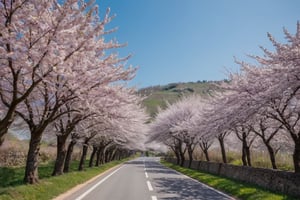 A very close-up shot of cherry blossoms in full bloom along the road in front of the village.

Ultra-clear, Ultra-detailed, ultra-realistic, ultra-close up, Prevent facial distortion,