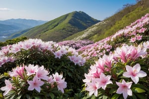 White and pink azaleas were in full bloom on the hill behind the mountain.
Ultra-clear, Ultra-detailed, ultra-realistic, ultra-close up, Prevent facial distortion,