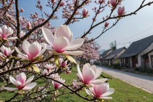The magnolia flowers in front of the village are in full bloom.

Ultra-clear, Ultra-detailed, ultra-realistic, ultra-close up, Prevent facial distortion,