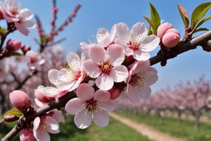 Peach blossoms are in full bloom in the orchard.

Ultra-clear, Ultra-detailed, ultra-realistic, ultra-close up, Prevent facial distortion,