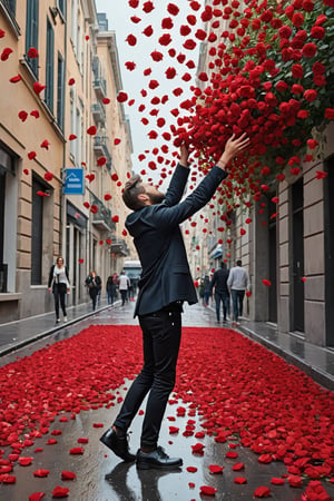 Many red roses are falling like rain from the sky. The streets are full of red roses, and people are happy to receive the falling red roses with both hands.

Ultra-clear, Ultra-detailed, ultra-realistic, Distant view. full body shot