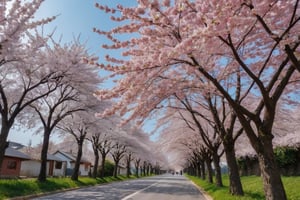 A very close-up shot of cherry blossoms in full bloom along the road in front of the village.

Ultra-clear, Ultra-detailed, ultra-realistic, ultra-close up, Prevent facial distortion,