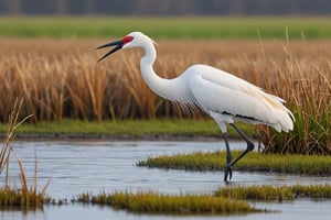 A white cranes hunting fish etc in a wetland in the field
Feels like a perfect real photo taken by a professional
Ultra-clear, Ultra-detailed, ultra-realistic, full body shot, very Distant view, only 2 leg, 