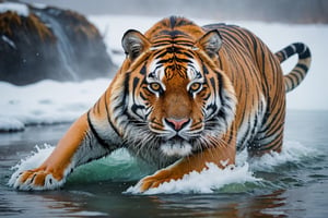 A surreal photo of a very realistic tiger. A tiger is rolling around in the warm water of a very steamy hot spring in the snowy tundra. A thick fog rises so thick that you can't see what's ahead.

Beautiful scenes, surreal, colorful, very fast-paced, sense of urgency, horror,
Ultra-clear, Ultra-detailed, ultra-realistic, Distant view. full body shot