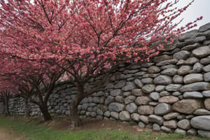 The red plum blossoms planted along the stone wall were also in full bloom.

Ultra-clear, Ultra-detailed, ultra-realistic, ultra-close up, Prevent facial distortion,
