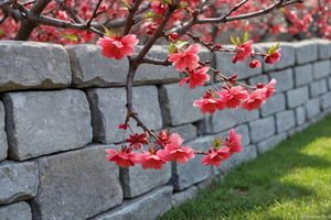 A very close-up shot of the red plum blossoms planted along the stone wall in full bloom.

Ultra-clear, Ultra-detailed, ultra-realistic, ultra-close up, Prevent facial distortion,