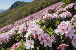 White and pink azaleas were in full bloom on the hill behind the mountain.
Ultra-clear, Ultra-detailed, ultra-realistic, ultra-close up, Prevent facial distortion,