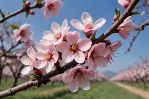 Peach blossoms are in full bloom in the orchard.

Ultra-clear, Ultra-detailed, ultra-realistic, ultra-close up, Prevent facial distortion,
